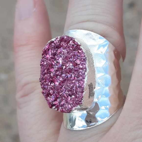 Pink Titanium Druzy Silver Plated Adjustable Ring. - Picture 5 of 8